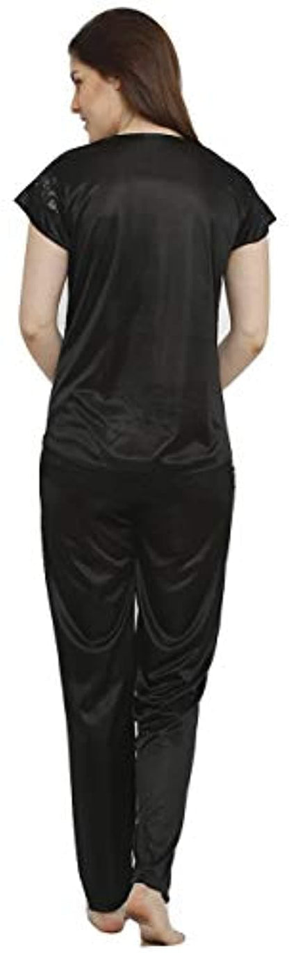 Black Satin Lace V-Neck Half Sleeve Sleepwear Set