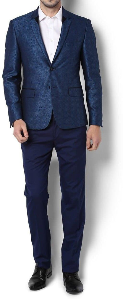 Blue Self Design Single Breasted Party Blazer