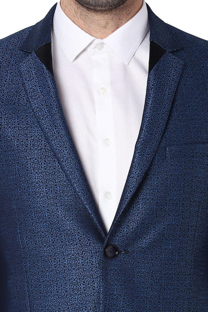 Blue Self Design Single Breasted Party Blazer