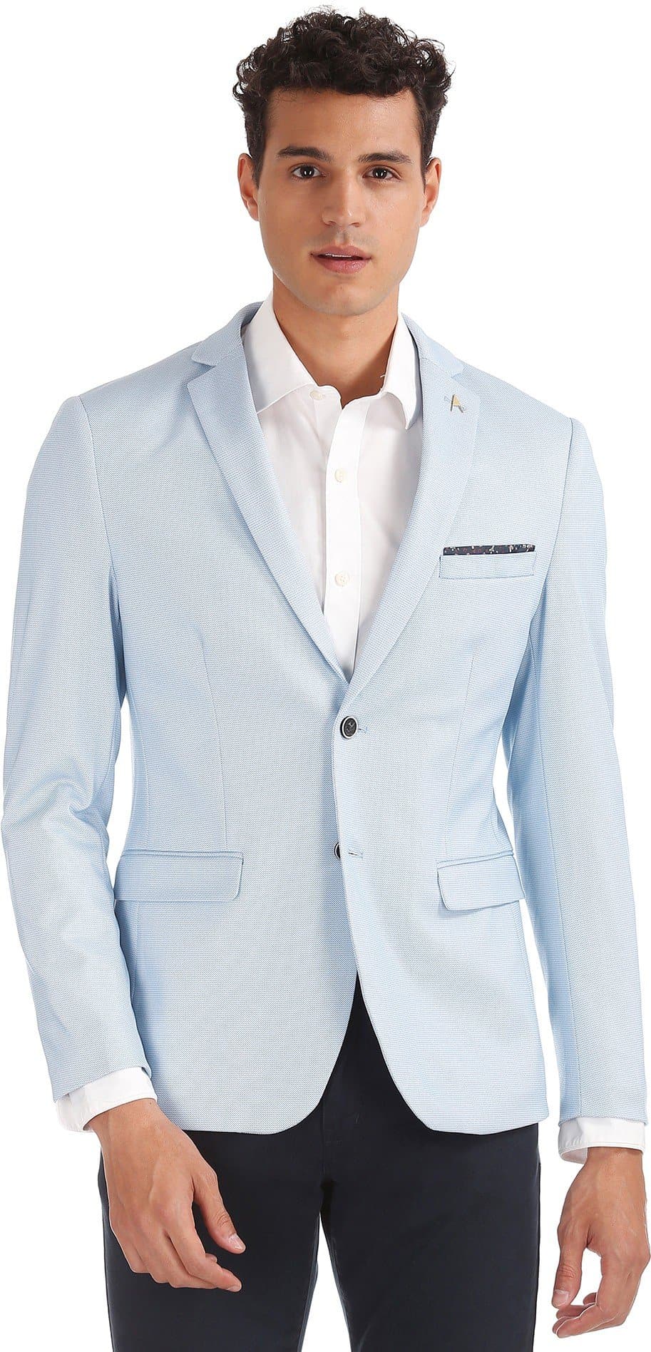 Printed Tuxedo Style Formal Blue Blazer