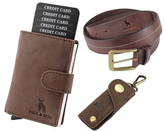Leather Men's Card Holder, Belt and Keychain Combo Box