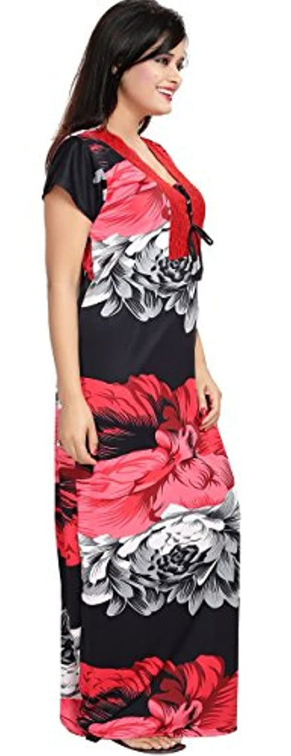 Red-Black Noty Satin Free Size Floral Print Nighty Sleepwear