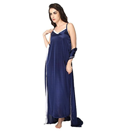 Navy Blue Sleeveless Satin 2 Piece Robe Nightdress Sleepwear