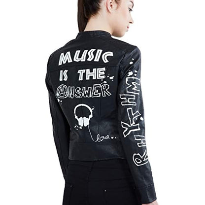 Black PU Leather Full Sleeve Print Jacket