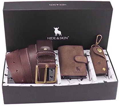 Leather Men's Card Holder, Belt and Keychain Combo Box