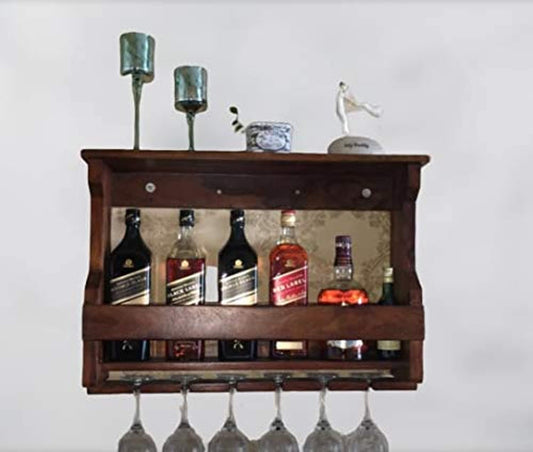 Wooden Wall Hanging Design Bar Solid Wood Make Wine Storage Cabinet with Glass Hanging Space-Teak Finish
