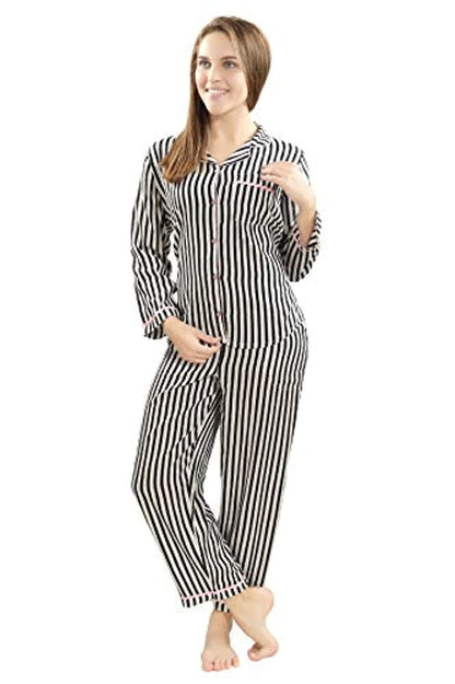 Printed Night Suit Notched Collar Shirt with Full Length Pajama.