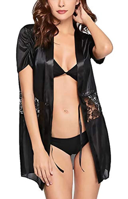 Silky Satin Lace Work Nightwear Robe Sleepwear