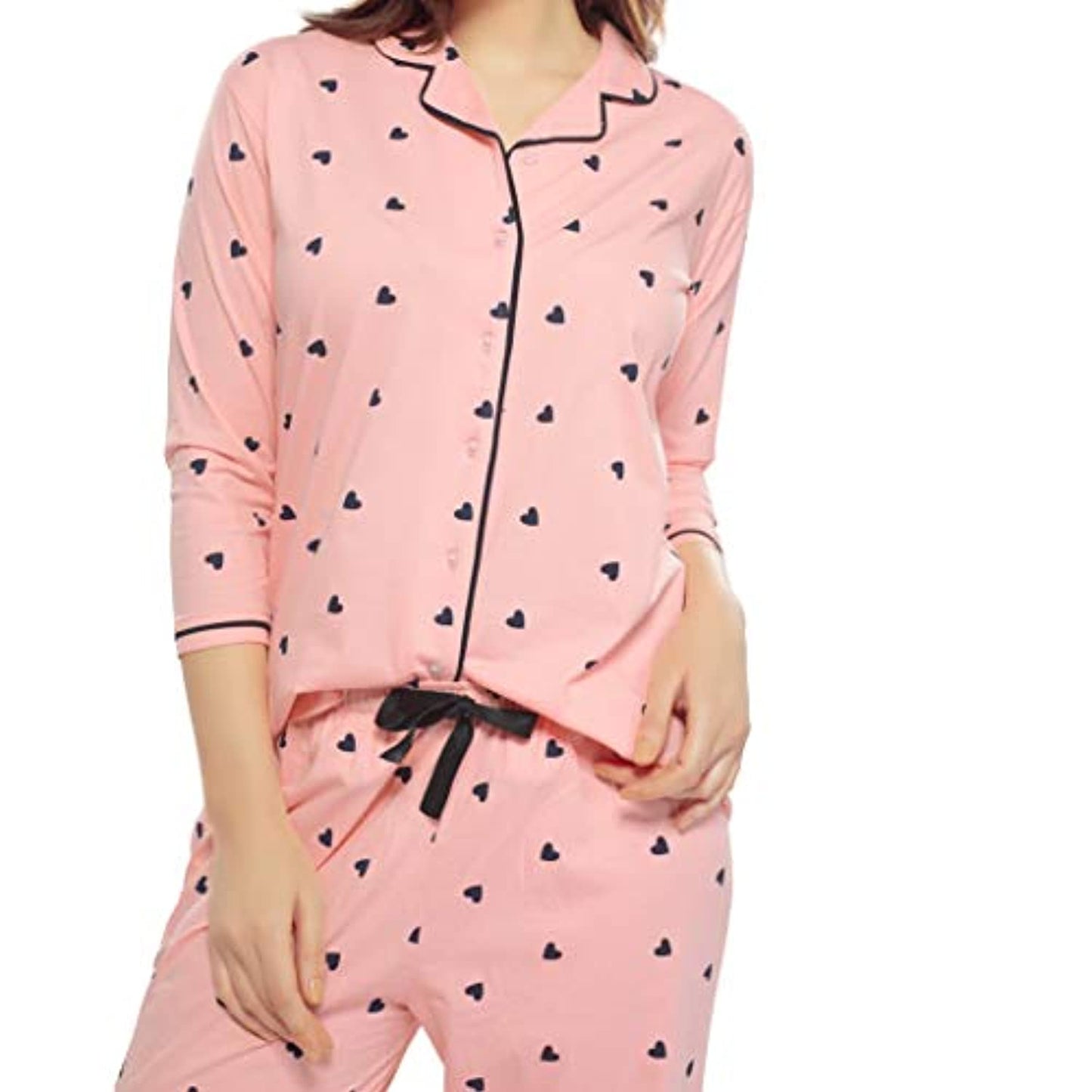 Three Fourth Sleeve Notched Collar Pink Heart Print Night Suit Sleepwear