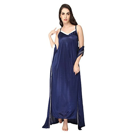 Navy Blue Sleeveless Satin 2 Piece Robe Nightdress Sleepwear