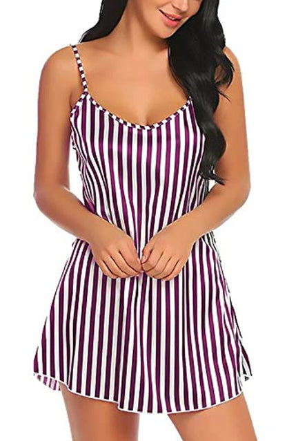 Women Stripe Satin Nightwear Lingerie Sleep Dress with Panty