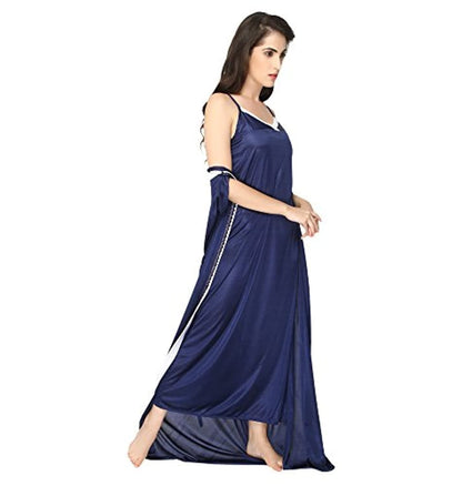 Navy Blue Sleeveless Satin 2 Piece Robe Nightdress Sleepwear