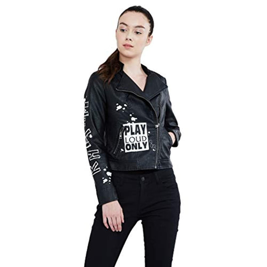Black PU Leather Full Sleeve Print Jacket