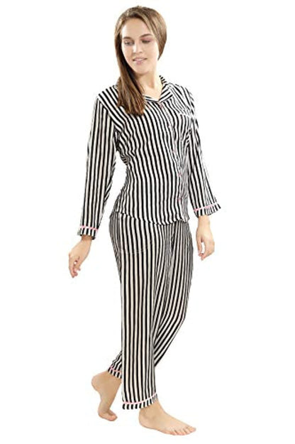 Printed Night Suit Notched Collar Shirt with Full Length Pajama.