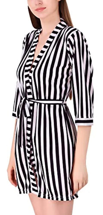 V-Neck Belted Slim Fit Stripe Satin Nightwear Robe Nightdress Sleepwear