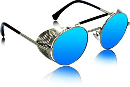 Blue Side Shield Steampunk Mirrored Unisex Round Sunglass