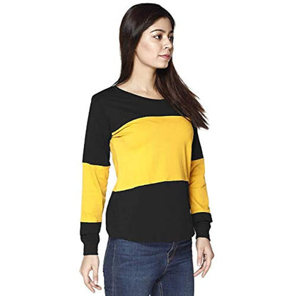 Cotton Blend Round Neck Horizontal Stripes Full Sleeves Tshirt Top