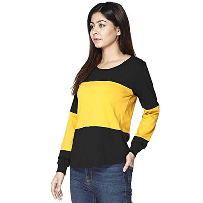 Cotton Blend Round Neck Horizontal Stripes Full Sleeves Tshirt Top