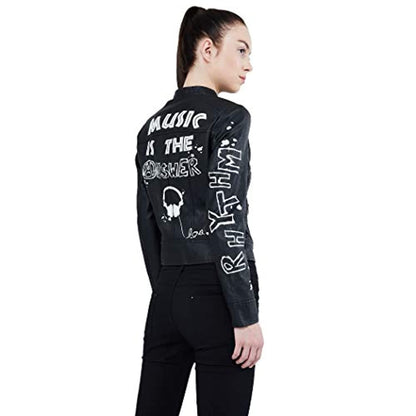 Black PU Leather Full Sleeve Print Jacket