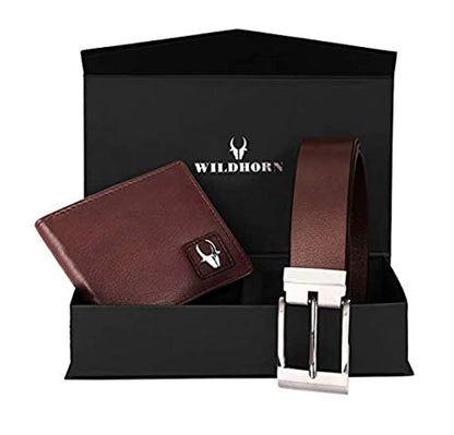 Brown Men's Leather Free Size Belt & Wallet Combo