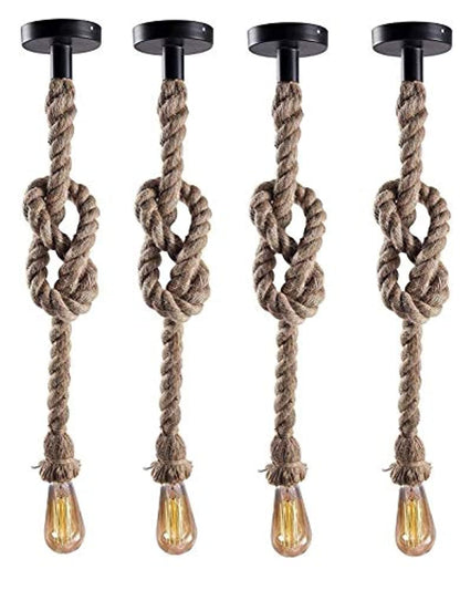 Pack of 4 Quality Metal Edison Lamp Rustic Rope Hanging, Standard Black and Brown