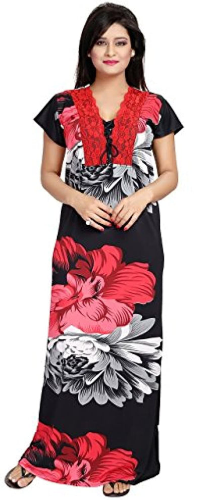 Red-Black Noty Satin Free Size Floral Print Nighty Sleepwear