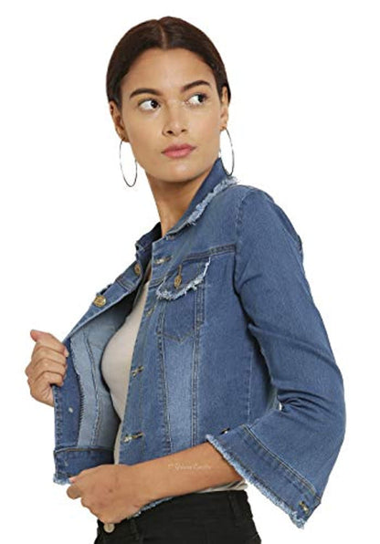 Full Sleeve Front Flap Pockets Slim Fit Cropped Denim Jacket