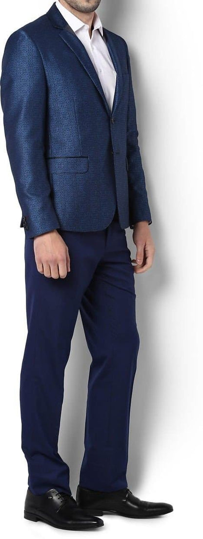 Blue Self Design Single Breasted Party Blazer