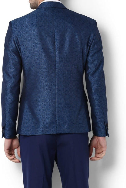 Blue Self Design Single Breasted Party Blazer