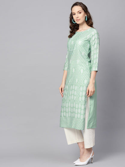 Green Round Neck Below Knee Three Quarter Sleeve Printed Straight Kurta