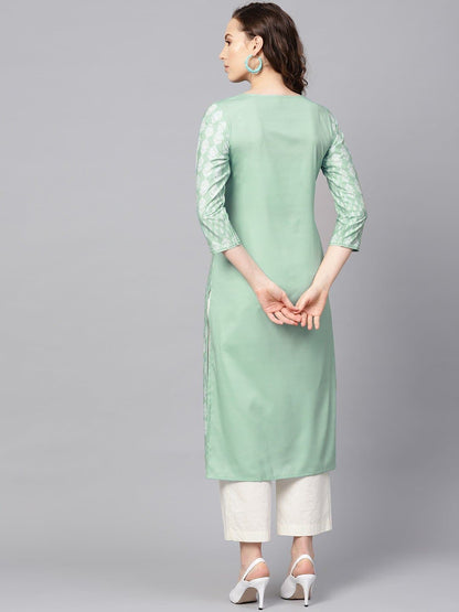 Green Round Neck Below Knee Three Quarter Sleeve Printed Straight Kurta