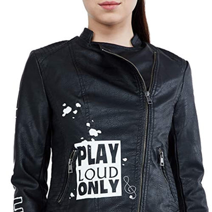 Black PU Leather Full Sleeve Print Jacket