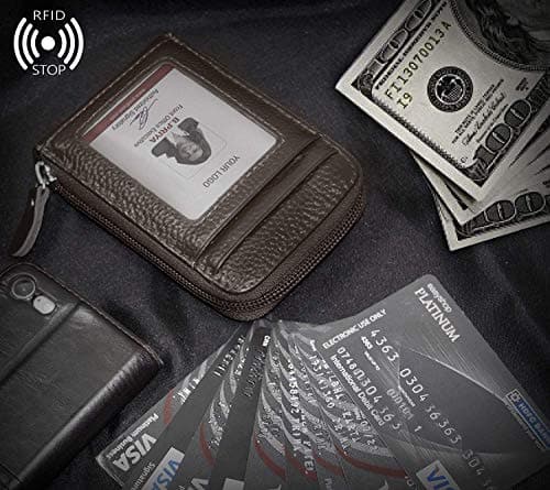 RFID Blocking 10 Slot Vertical Leather Credit/Debit Zipper Card Holder Brown Wallet