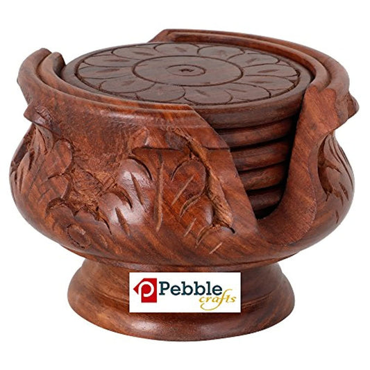 Wooden Handmade Carved Set of 6 with Decorative Holder Tabletop Coasters
