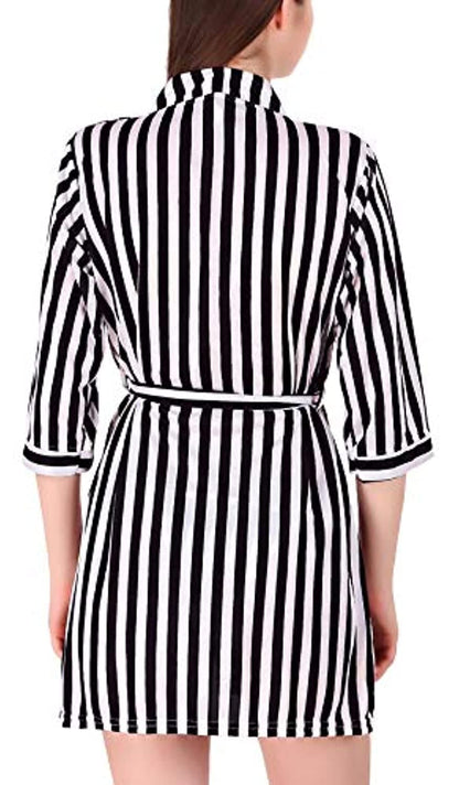 V-Neck Belted Slim Fit Stripe Satin Nightwear Robe Nightdress Sleepwear