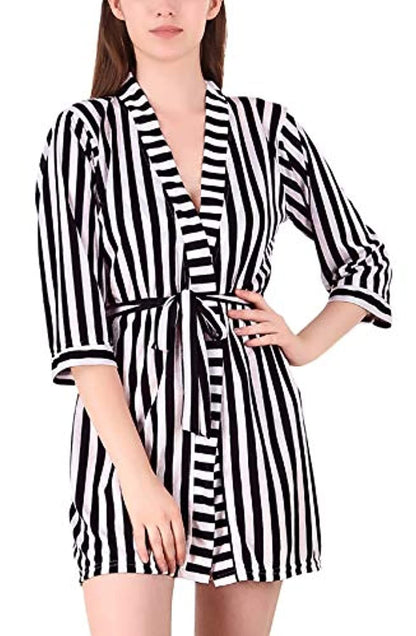 V-Neck Belted Slim Fit Stripe Satin Nightwear Robe Nightdress Sleepwear