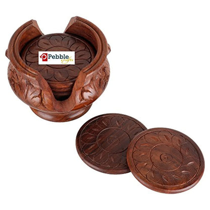 Wooden Handmade Carved Set of 6 with Decorative Holder Tabletop Coasters