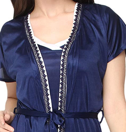 Navy Blue Sleeveless Satin 2 Piece Robe Nightdress Sleepwear