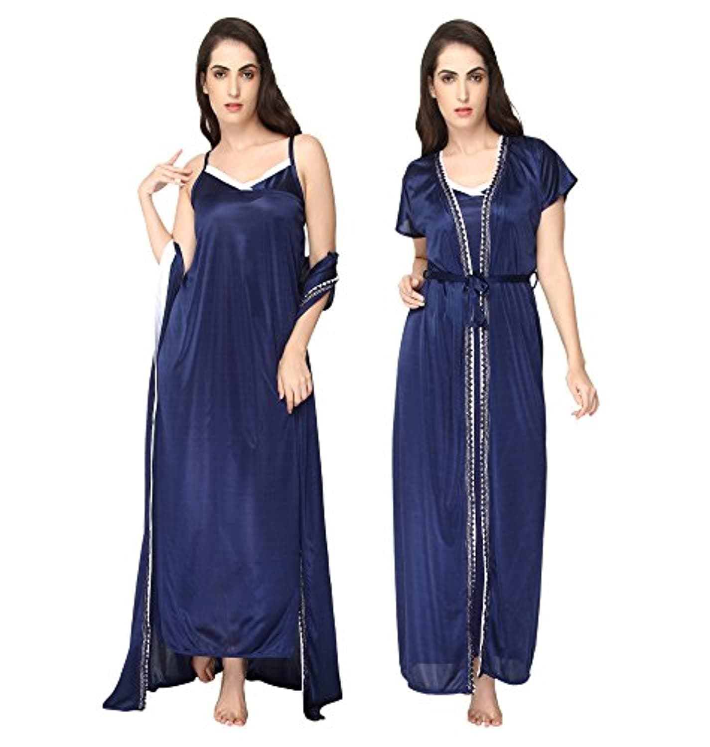 Navy Blue Sleeveless Satin 2 Piece Robe Nightdress Sleepwear