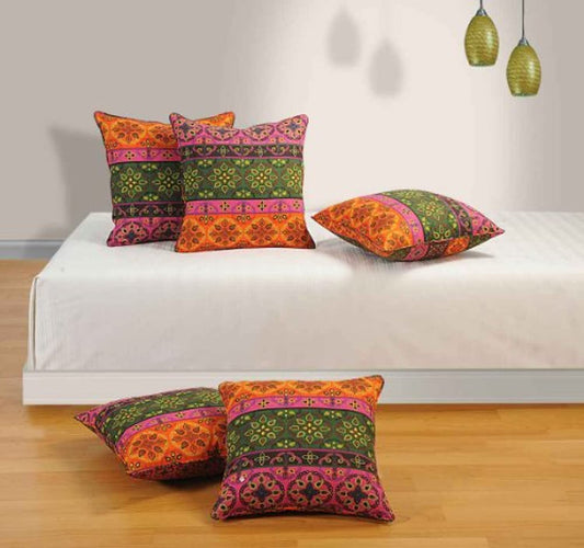 Printed Cotton 5 Piece Cushion Cover Set - Red Multi