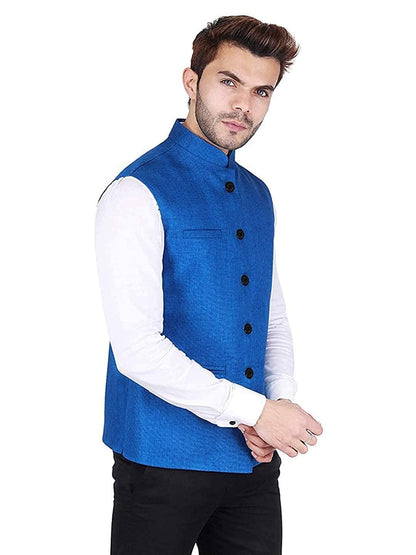 Blue Cotton-Blended Indian Traditional Nehru Jacket Ethnic Waistcoat