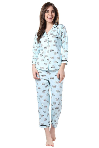 Printed Night Suit Notched Collar Shirt with Full Length Pajama.