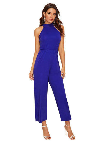 Blue Tie Back Wide Leg Halter Neck Jumpsuit