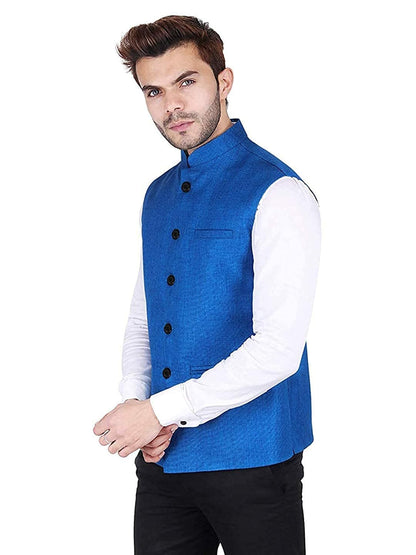 Blue Cotton-Blended Indian Traditional Nehru Jacket Ethnic Waistcoat