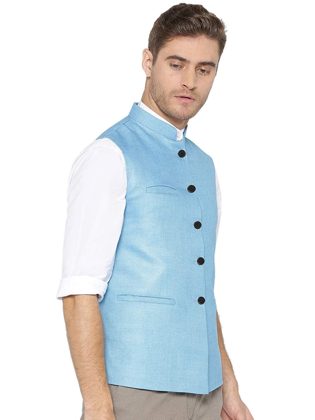 Sky Blue Cotton-Blended Indian Traditional Nehru Jacket Ethnic Waistcoat