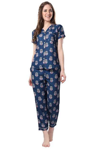 Printed Night Suit Notched Collar Shirt with Full Length Pajama.