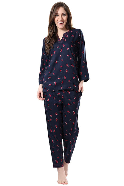 Printed Night Suit Notched Collar Shirt with Full Length Pajama.