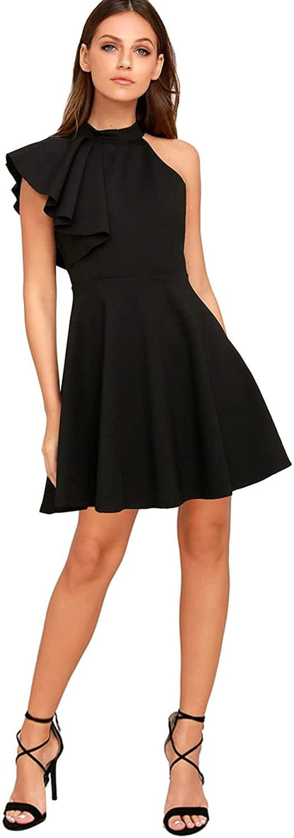 Ruffle Shoulder Sleeveless Skater Dress
