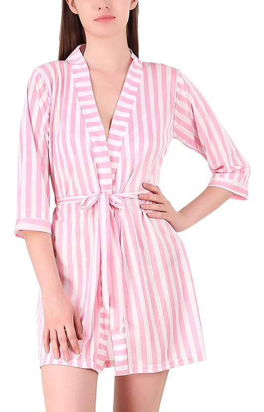 V-Neck Belted Slim Fit Stripe Satin Nightwear Robe Nightdress Sleepwear