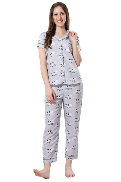 Printed Night Suit Notched Collar Shirt with Full Length Pajama.